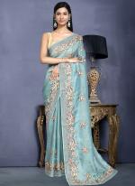 Net Organza Silk Blue Party Wear Embroidery Work Saree